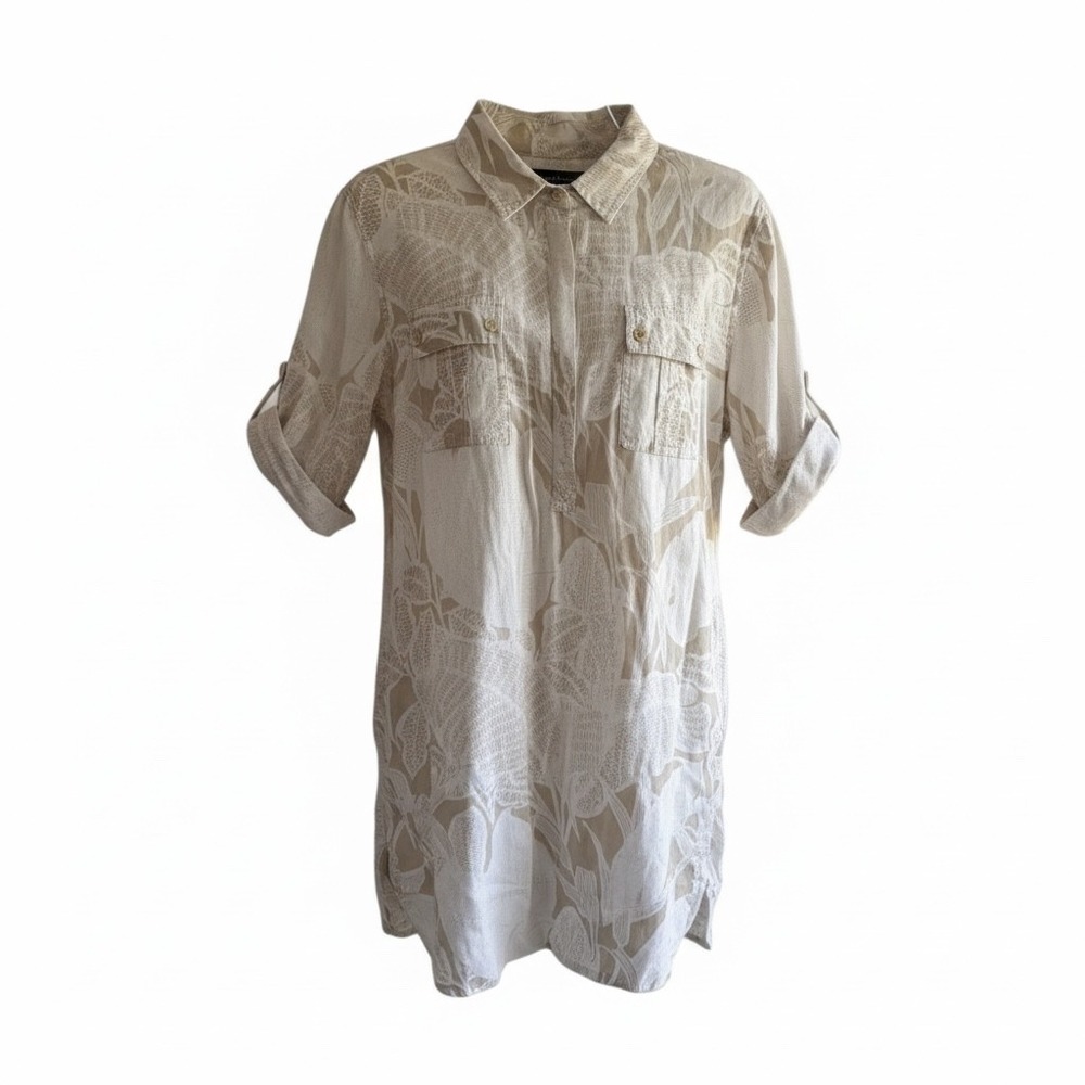 Coastal Tommy Bahama Shirt Dress Relaxed Med Tan White Floral Palm Leaf Linen